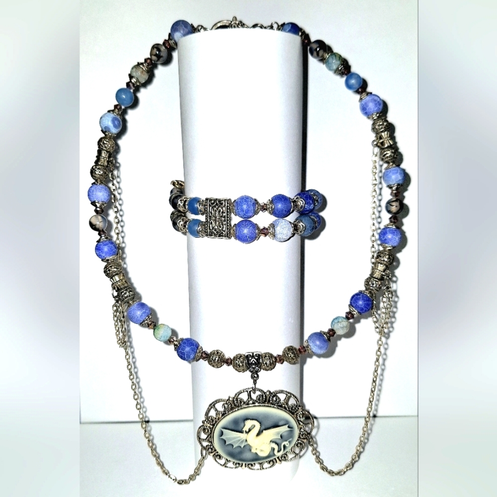 New custom made Matching Necklace and Bracelet Blue Lace Agate Dragon Cameo